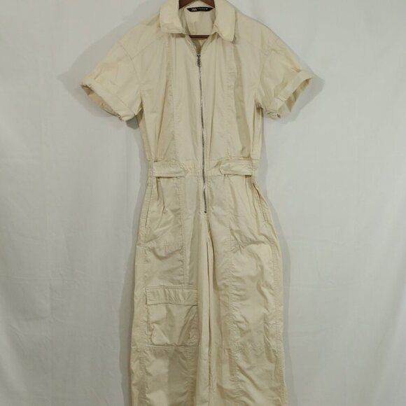 Zara Utility Jumpsuit Beige Short Sleeve Zip Front Size xs - Picture 2 of 10